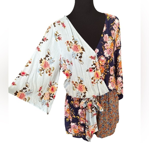 Umgee Pants - Umgee Blue Floral Patchwork Romper With Pockets, Size Medium, Cottagecore, Boho